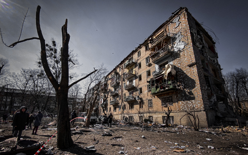 Stock photo of a bombed building in Ukraine