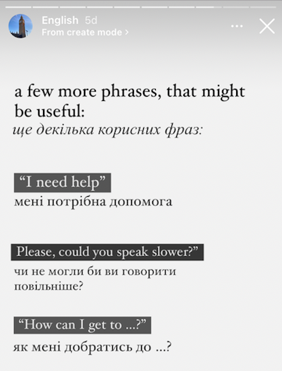 Some English phrases on Yuliia's Instagram story, including 'I need help' 'Please could you speak slower?' and 'How can I get to...'