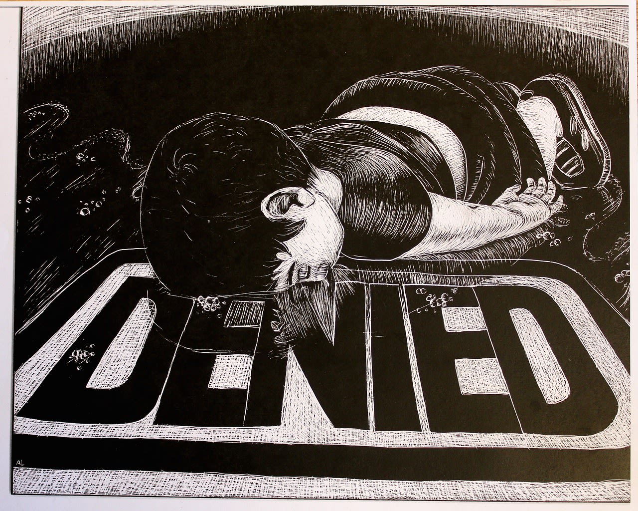 An illustration of a boy facedown in a puddle on top of the word 'denied' in block capitals