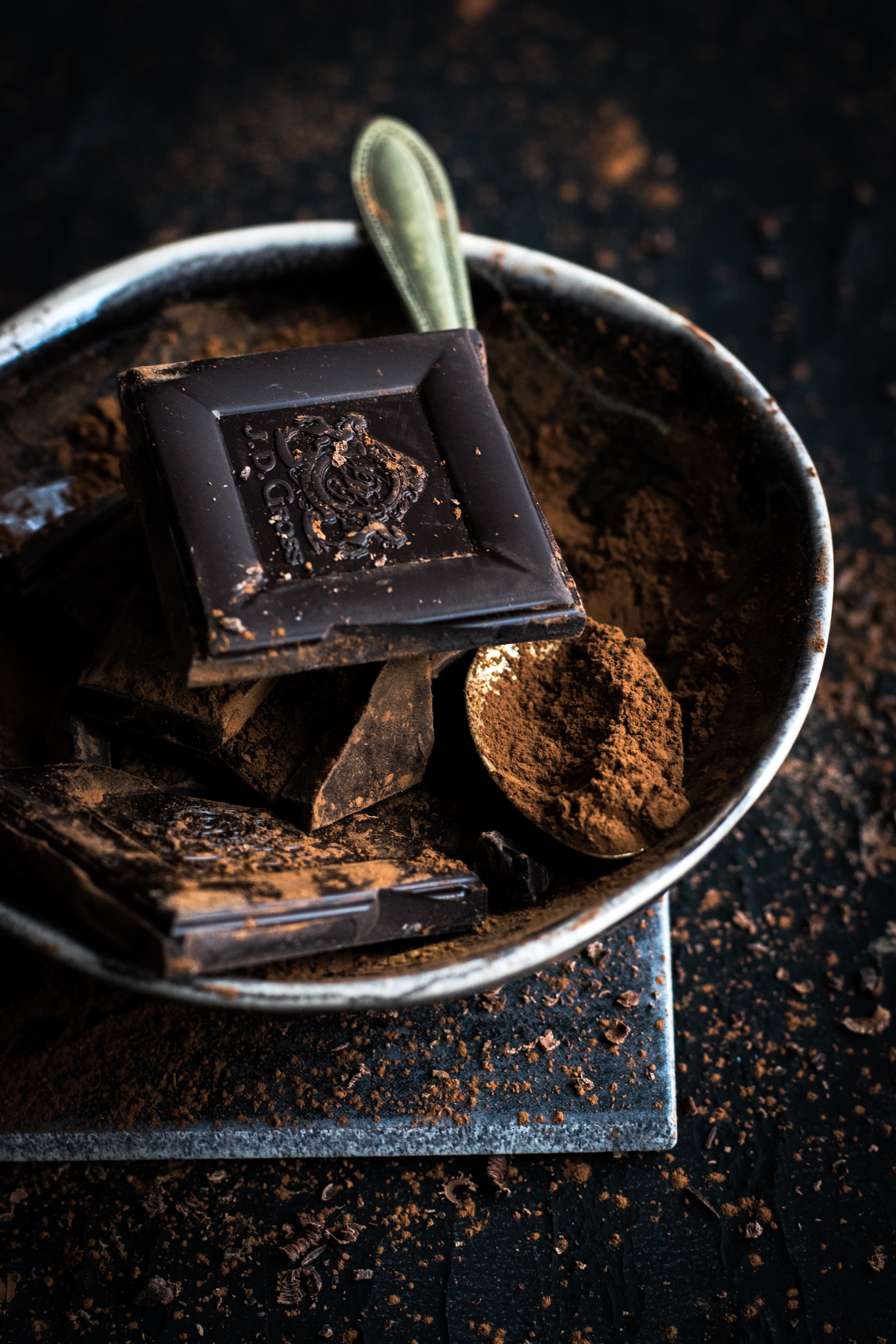 chocolate bar and cocoa powder in bowl