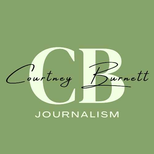 Courtney Burnett logo. The background is sage green with 'CB' in large letters and 'journalism' underneath in cream lettering and Courtney Burnett scrawled across the middle in a black, handwritten font