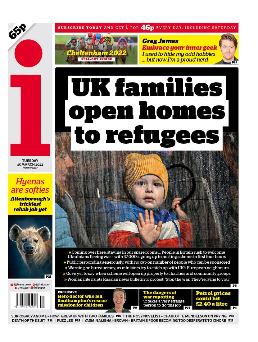The i Paper front page, 15 March 2022