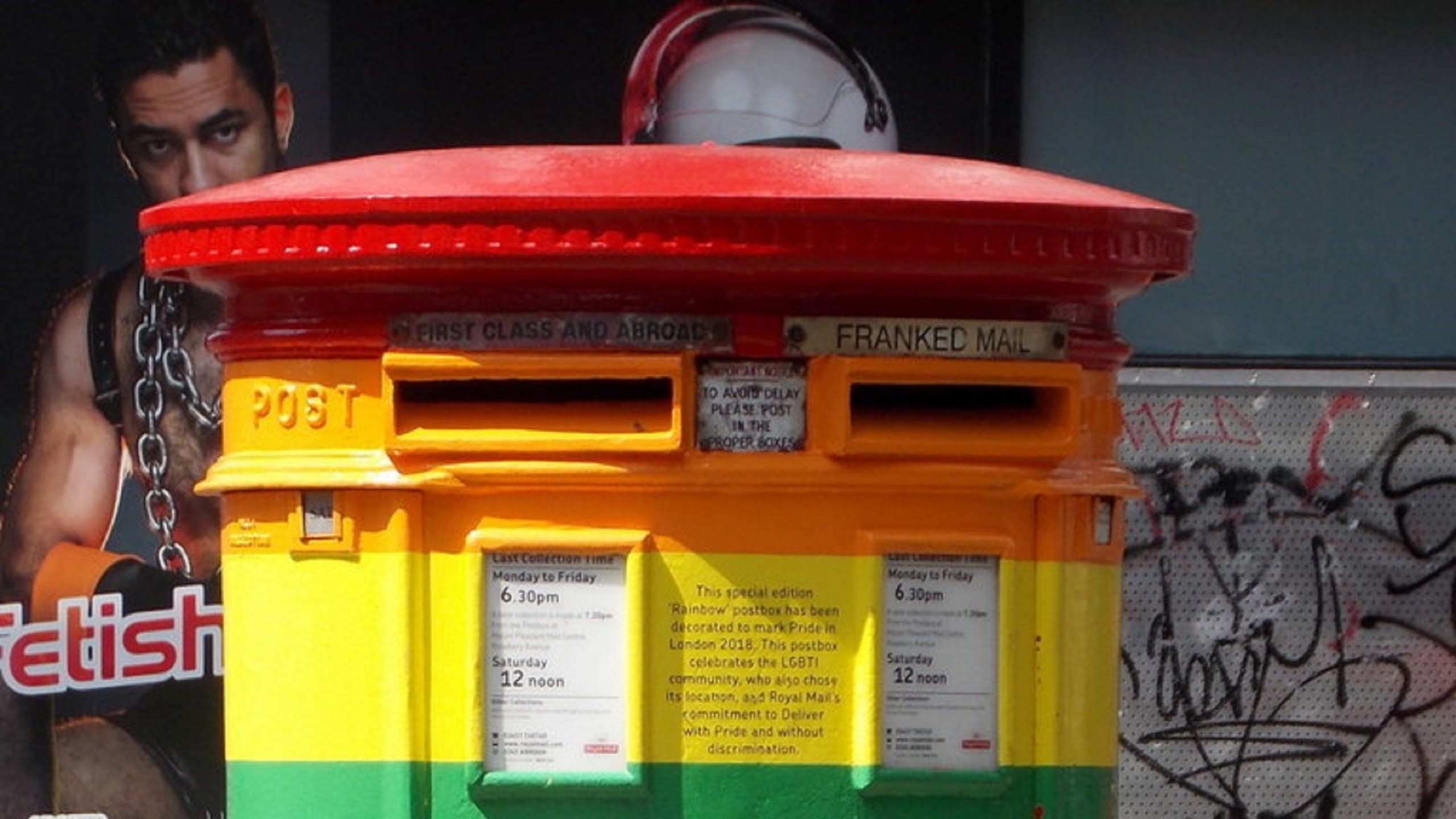 Soho postbox painted rainbow to mark Pride 2018.