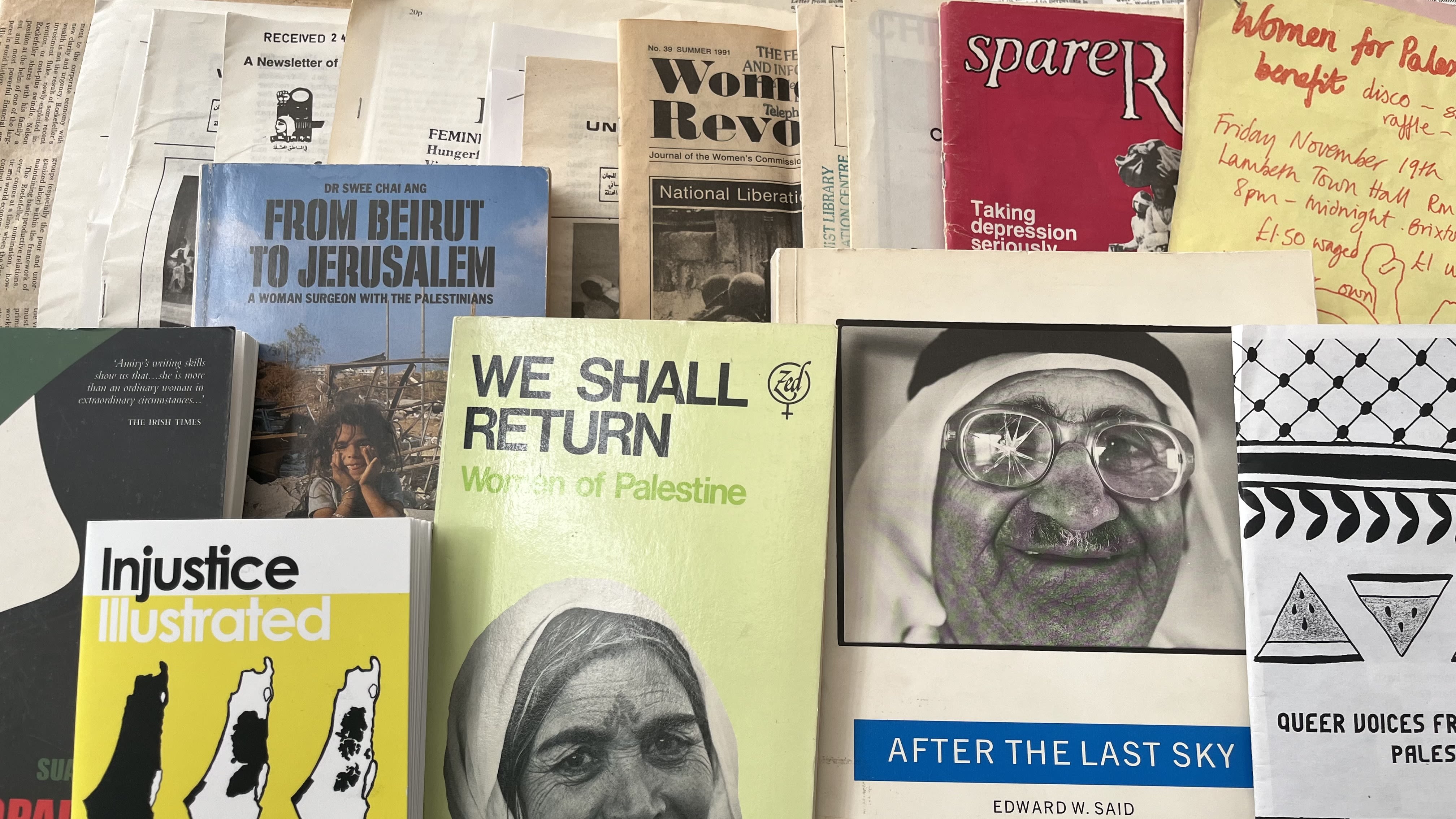 A collection of paperback resistance literature books on the Palestine-Israel occupation and war