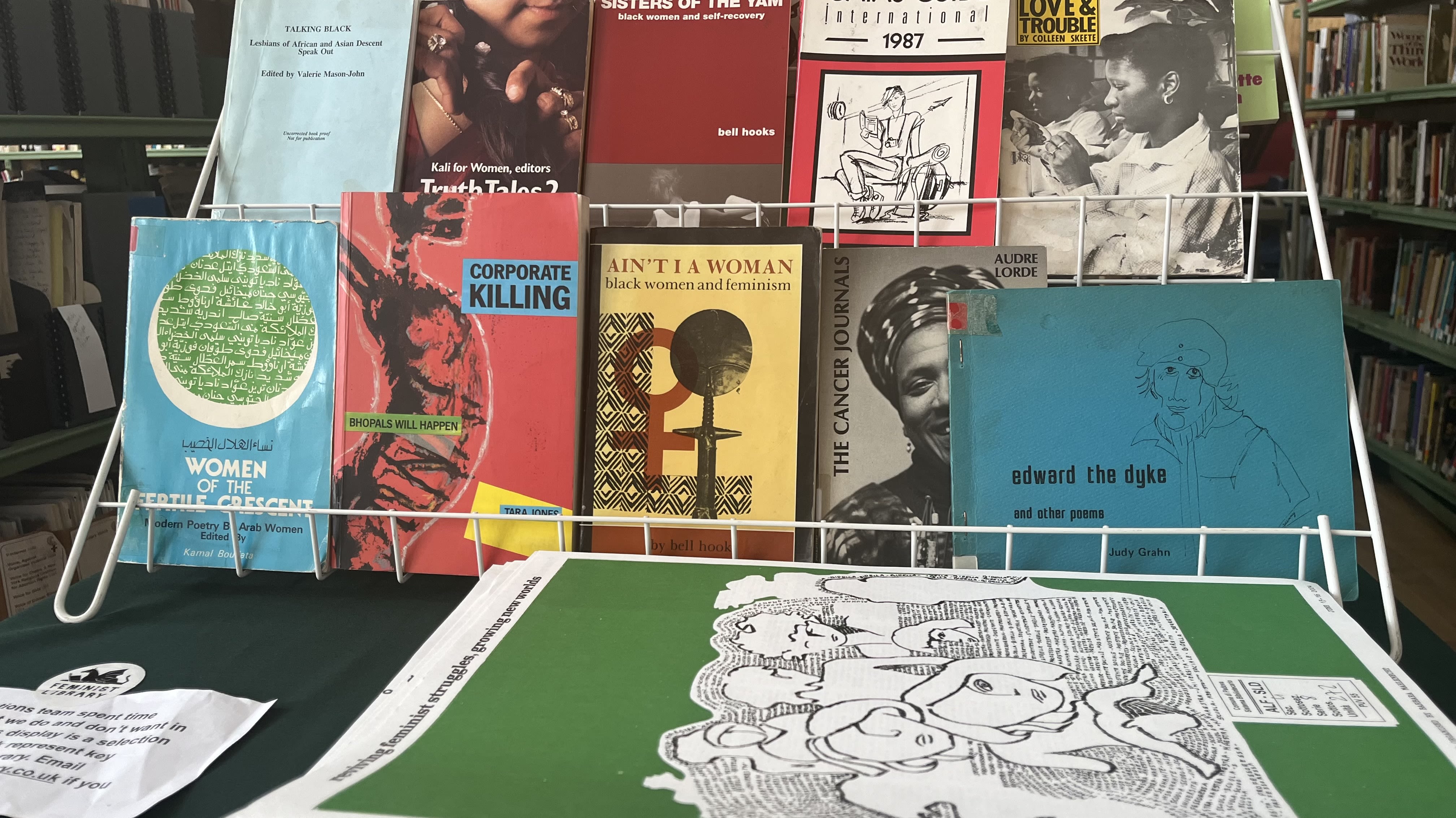 A bookshelf with a selection of feminist theory paperback books and newspapers