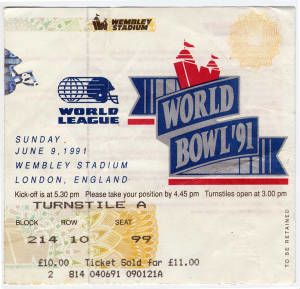 A ticket stub from the 1991 World Bowl.