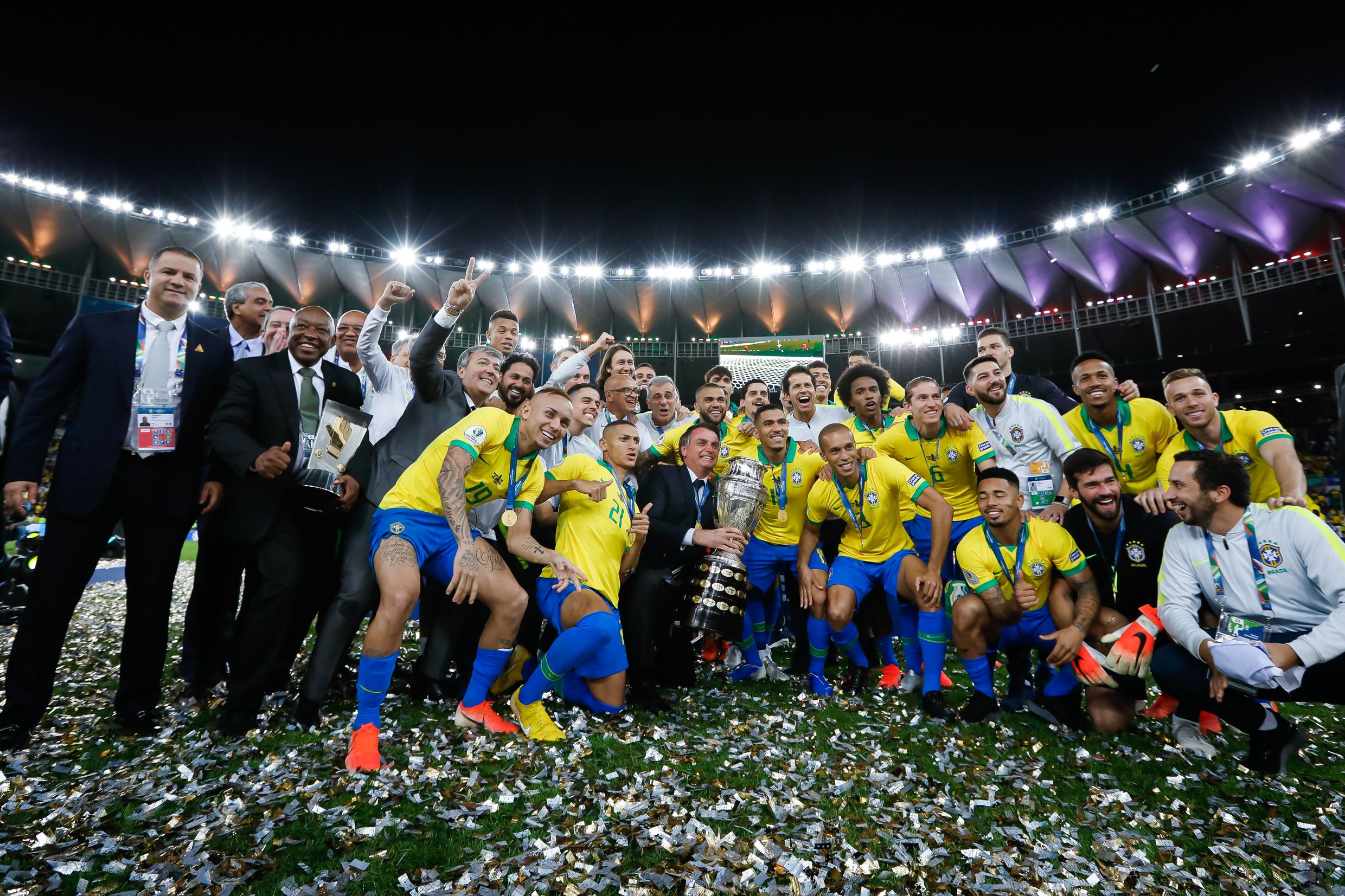Brazil squad celebrating their ninth Copa America title in Brazil