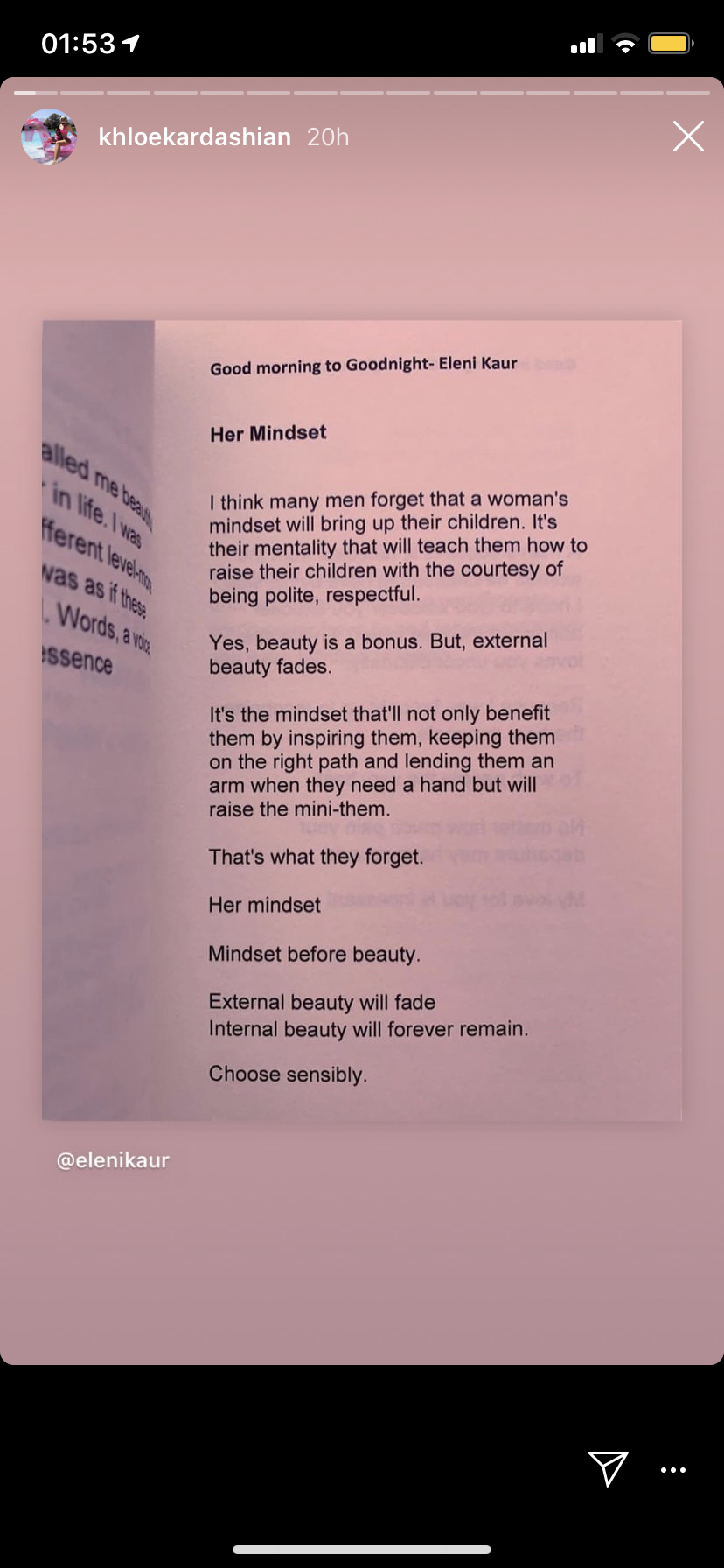 A screenshot from Eleni showing Khloe Kardashian sharing her poem