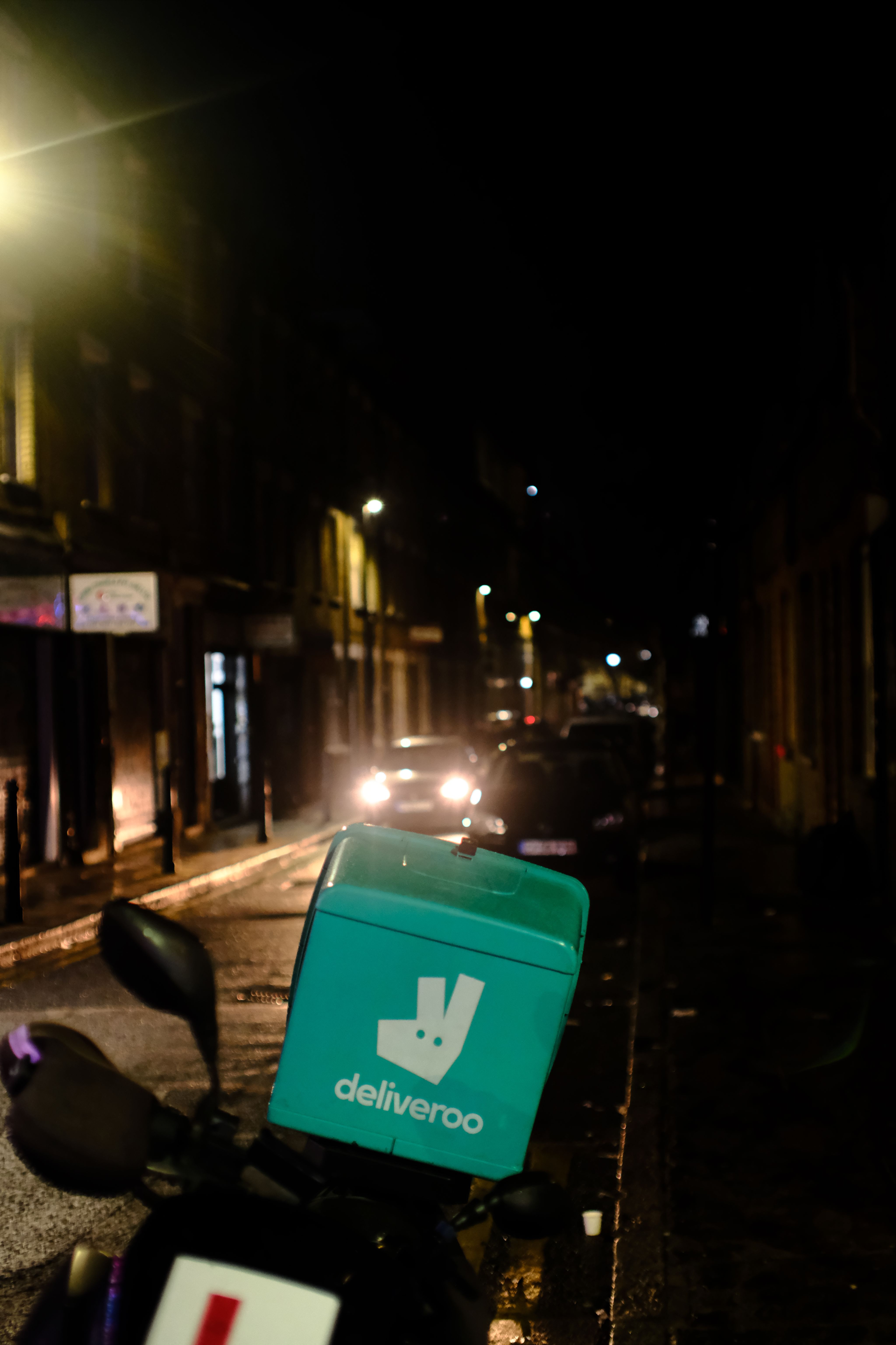 Deliveroo bike box on a quiet street